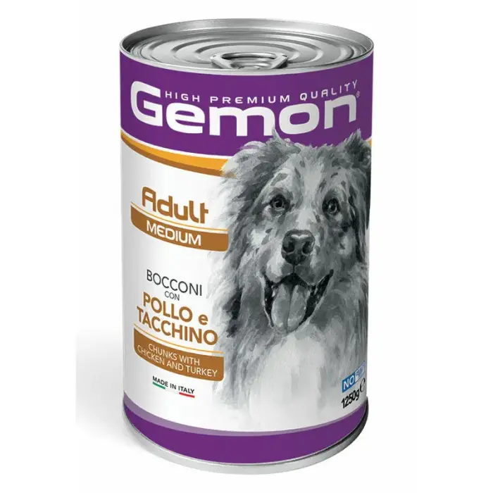 Gemon Dog Medium Adult Chunks with Chicken and Turkey 1250 g — pilnvērtīga mitrā barība ar vistu un tītaru pieaugušiem vidējo šķirņu suņiem.