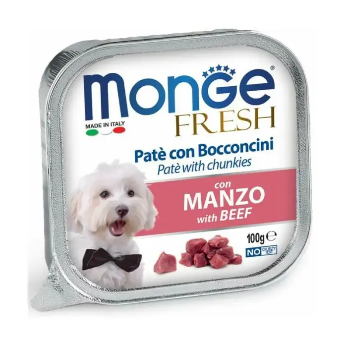 Monge Dog Fresh Pate and Chunkies with Beef 100 g — pilnvērtīga mitrā barība suņiem ar liellopu gaļu, pastēte ar gaļas gabaliņiem