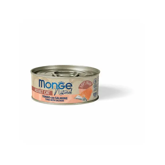 Monge Cat Natural Tuna with Salmon in Jelly 80 g — papildu mitrā barība pieaugušiem kaķiem ar tunci un lasi želejā