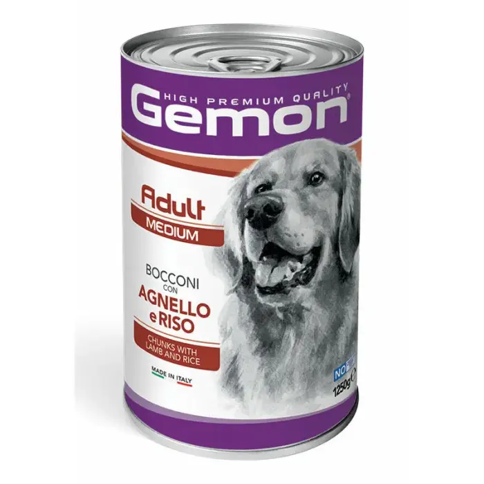 Gemon Dog Medium Adult Chunks with Lamb and Rice 1250 g — pilnvērtīga mitrā barība ar jēra gaļu un rīsiem pieaugušiem vidējo šķirņu suņiem.
