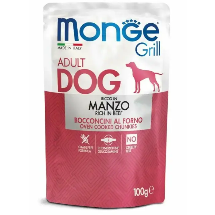Monge Dog Grill Pouch Adult Chunkies Rich in Beef 100 g — pilnvērtīga mitrā barība pieaugušiem suņiem ar liellopu gaļu, cepti gabaliņi