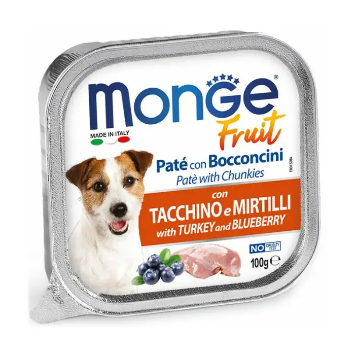 Monge Dog Fruit Pate and Chunkies with Turkey and Blueberry — полнорационный влажный корм-паштет с кусочками индейки и черникой для взрослых собак, 100 г