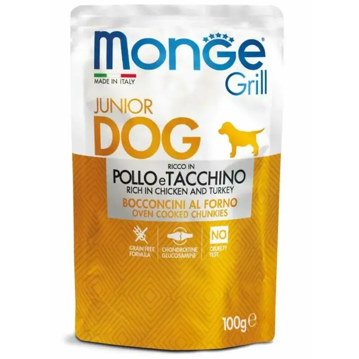 Monge Dog Grill Pouch Junior Chunkies Rich in Chicken and Turkey 100 g — pilnvērtīga mitrā barība kucēniem ar vistas un tītara gaļu, cepti gabaliņi