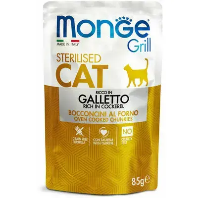 Monge Grill Sterilised Cat Chunkies in Jelly Rich in Cockerel 85 g — pilnvērtīga mitrā barība sterilizētiem kaķiem ar gaili želejā