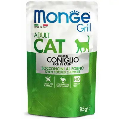 Monge Grill Adult Cat Chunkies in Jelly Rich in Rabbit 85 g — pilnvērtīga mitrā barība pieaugušiem kaķiem ar truša gaļu želejā