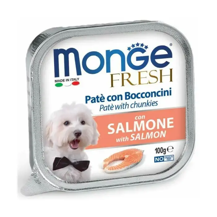 Monge Dog Fresh Pate and Chunkies with Salmon 100 g — pilnvērtīga mitrā barība suņiem ar lasi, pastēte ar gabaliņiem