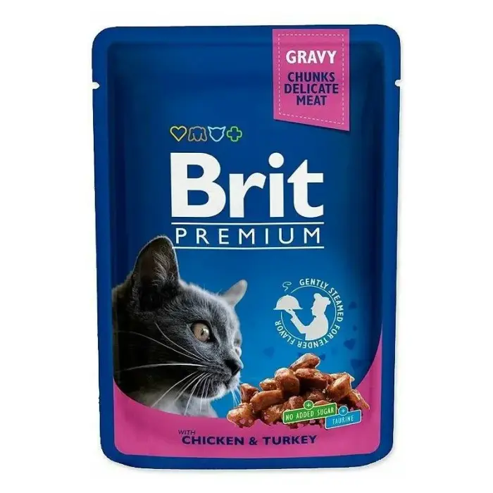 Brit Premium Chicken & Turkey 100 g — pilnvērtīga mitrā barība pieaugušiem kaķiem ar vistu un tītaru