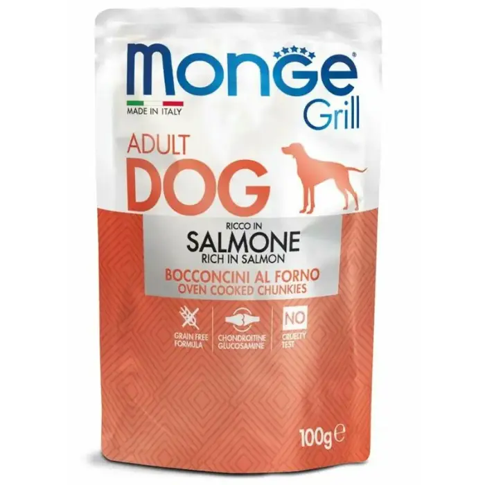 Monge Dog Grill Pouch Adult Chunkies Rich in Salmon 100 g — pilnvērtīga mitrā barība pieaugušiem suņiem ar lasi, cepti gabaliņi