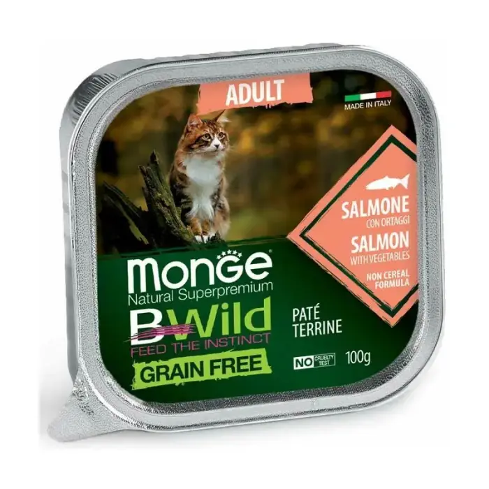 Monge Cat BWild Grain Free Adult Pate Salmon with Vegetables полнорационный беззерновой влажный корм-паштет с лососем и овощами для взрослых кошек, 100 г