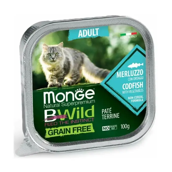 Monge Cat BWild Grain Free Adult Pate Codfish with Vegetables полнорационный беззерновой влажный корм-паштет с треской и овощами для взрослых кошек, 100 г