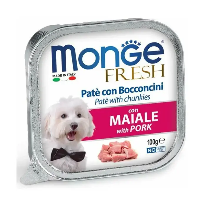 Monge Dog Fresh Pate and Chunkies with Pork 100 g — pilnvērtīga mitrā barība suņiem ar cūkgaļu, pastēte ar gabaliņiem
