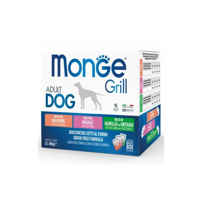 Monge Dog Grill Pouches Multipack Lamb with Vegetables, Pork, Salmon 12 × 100 г — мультипак влажного корма с ягнёнком и овощами, свининой и лососем для взрослых собак