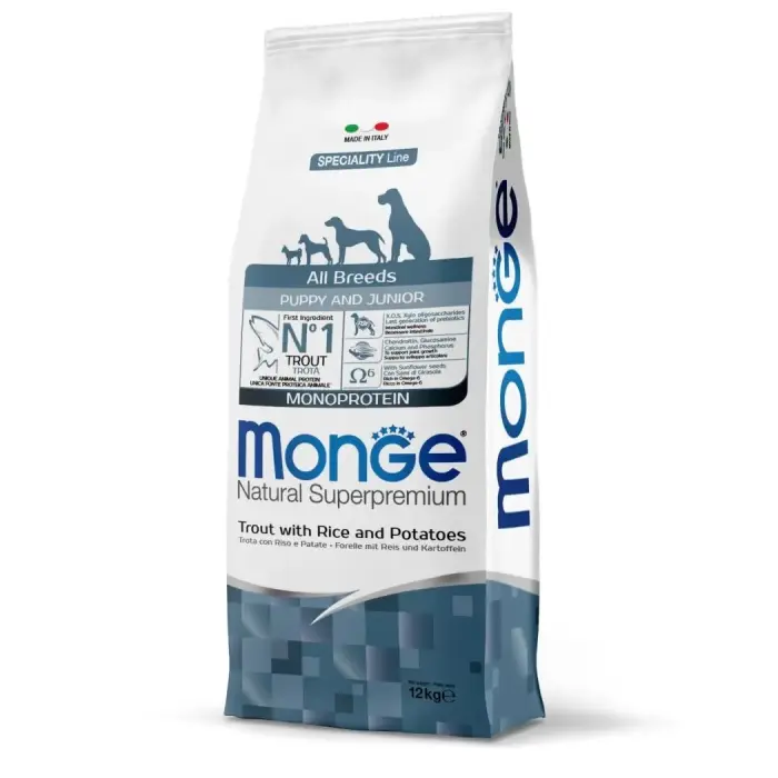 Monge Dog All Breeds Puppy and Junior Monoprotein Trout with Rice and Potatoes 12 kg