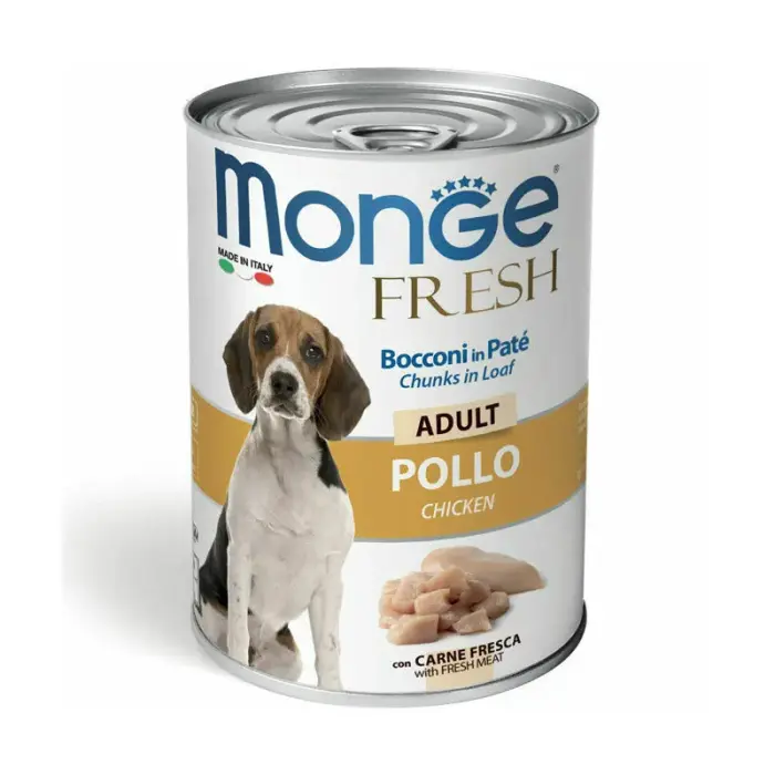 Monge Dog Fresh Adult Chunks in Loaf with Chicken 400 g — pilnvērtīga mitrā barība pieaugušiem suņiem ar vistas gaļu, pastēte ar gabaliņiem