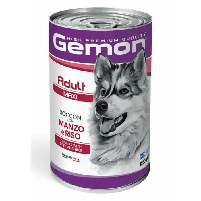 Gemon Dog Maxi Adult Chunks with Beef and Rice 1250 g — complete wet food with beef and rice for adult large-breed dogs.