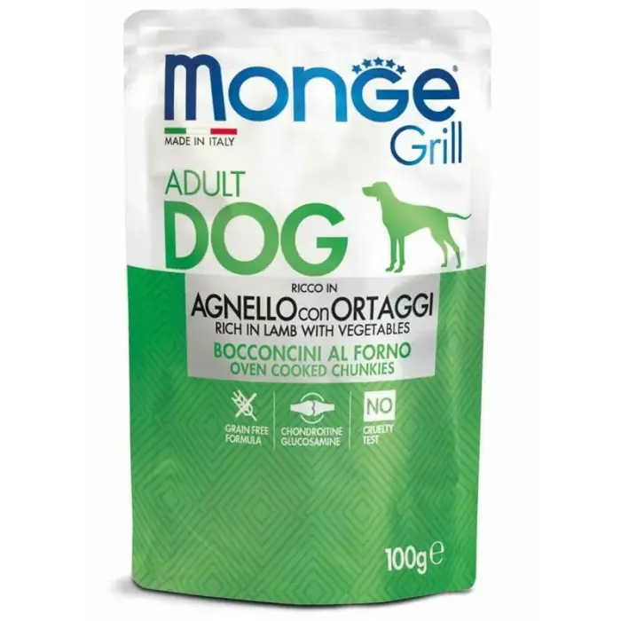 Monge Dog Grill Pouch Adult Chunkies Rich in Lamb with Vegetables 100 g — pilnvērtīga mitrā barība pieaugušiem suņiem ar jēra gaļu un dārzeņiem, cepti gabaliņi
