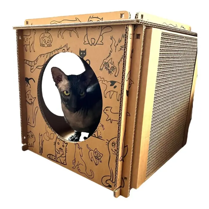 KOTOMODA Premium Cat House Cube 36 × 36 × 36 cm — kartona mājiņa kaķiem ar nagu asināmo