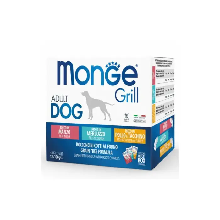 Monge Dog Grill Pouches Multipack Chicken and Turkey, Beef, Codfish 12 × 100 g — mitrās barības multipaka ar vistu un tītaru, liellopu gaļu un mencu pieaugušiem suņiem.