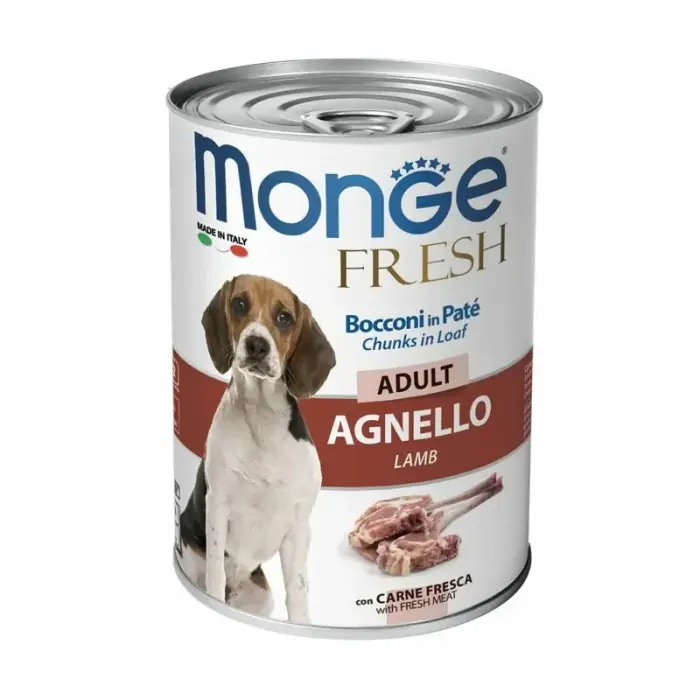 Monge Dog Fresh Adult Chunks in Loaf with Lamb 400 g — pilnvērtīga mitrā barība pieaugušiem suņiem ar jēra gaļu, pastēte ar gabaliņiem