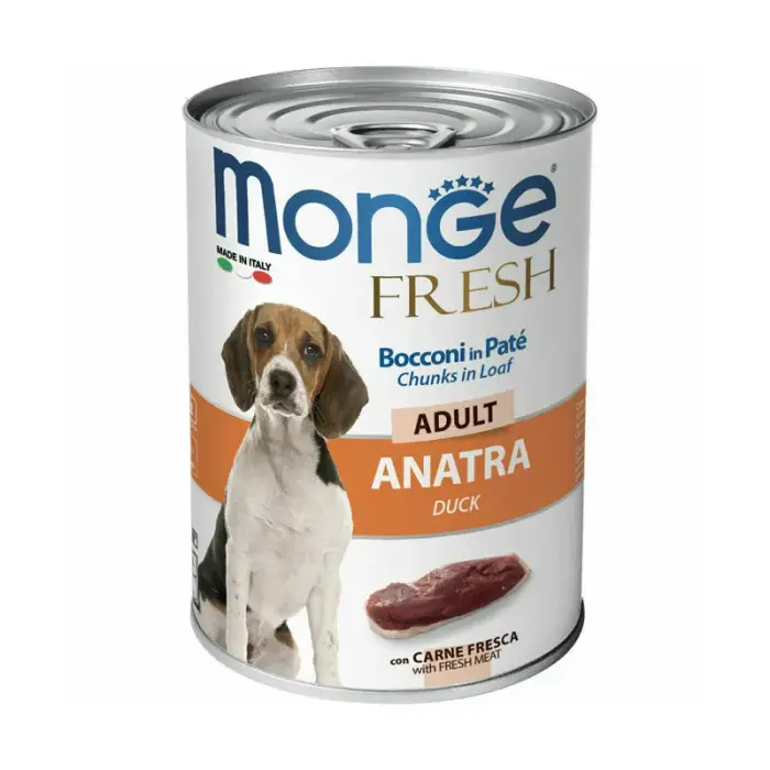 Monge Dog Fresh Adult Chunks in Loaf with Duck 400 g — pilnvērtīga mitrā barība pieaugušiem suņiem ar pīli, pastēte ar gabaliņiem