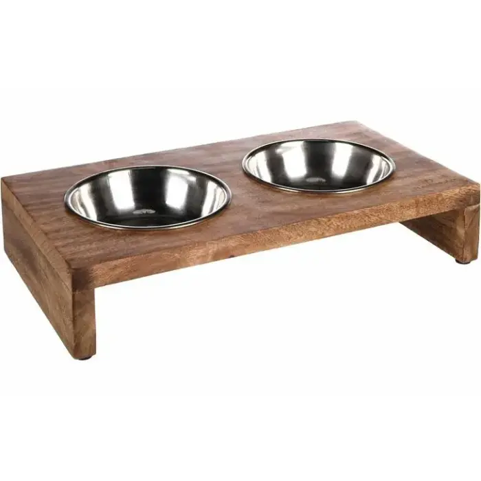 Flamingo Feeding and drinking bowl Duo Kato Rectangle Silver & Brown 2x350 ml 13 cm