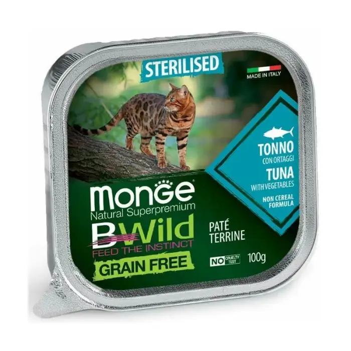 Monge Cat BWild Grain Free Sterilised Pate Tuna with Vegetables полнорационный беззерновой влажный корм-паштет с тунцом и овощами для стерилизованных кошек, 100 г