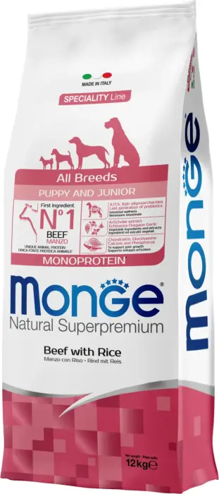 Monge Dog All Breeds Puppy and Junior Monoprotein Beef with Rice 12 kg