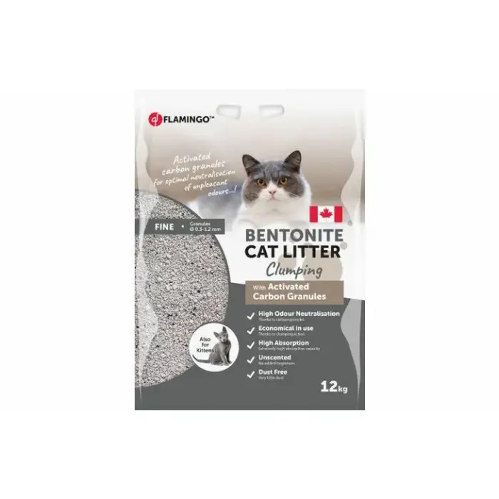 Flamingo CAT LITTER BENTONITE WITH ACTIVED CARBON GRANULES FINE GRAINS CLUMPING 12 kg