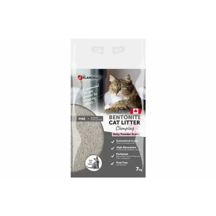 Flamingo Cat Litter Baby Powder 7 kg - Kanādas cementējošās smiltis