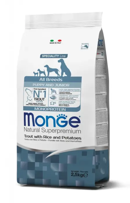Monge Dog All Breeds Puppy and Junior Monoprotein Trout with Rice and Potatoes 2,5 kg