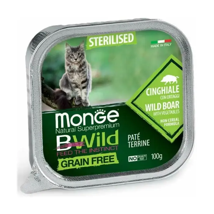 Monge Cat BWild Grain Free Sterilised Pate Wild Boar with Vegetables полнорационный беззерновой влажный корм-паштет с кабаном и овощами для стерилизованных кошек, 100 г