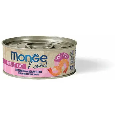 Monge Cat Natural Tuna with Shrimps in Jelly 80 g — papildu mitrā barība pieaugušiem kaķiem ar tunci un garnelēm želejā