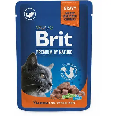 Brit Premium Cat Pouch Salmon for Sterilised 100 g — pilnvērtīga mitrā barība sterilizētiem kaķiem ar lasi