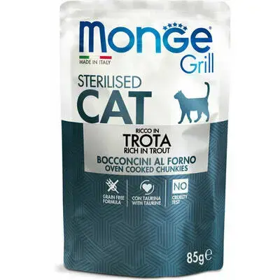 Monge Grill Sterilised Cat Chunkies in Jelly Rich in Trout 85 g — pilnvērtīga mitrā barība sterilizētiem kaķiem ar foreli želejā