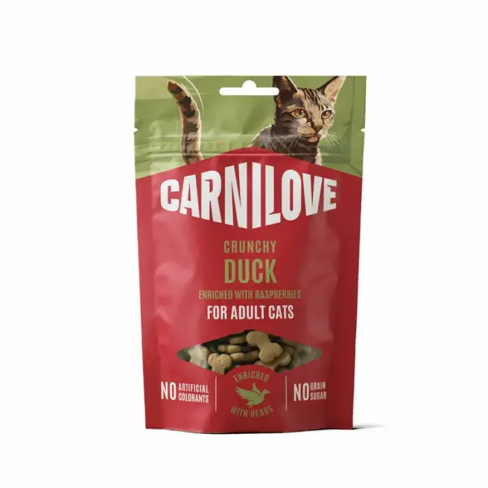 Carnilove Cat Crunchy Adult Duck Enriched with Raspberries 50 g — kraukšķīgi gardumi pieaugušiem kaķiem ar pīli un avenēm