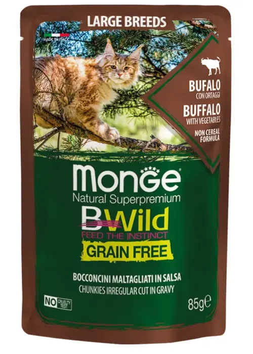 Monge Cat BWild Pouch Grain Free All Life Stages Large Breeds Chunkies in Gravy Buffalo with Vegetables 85 g